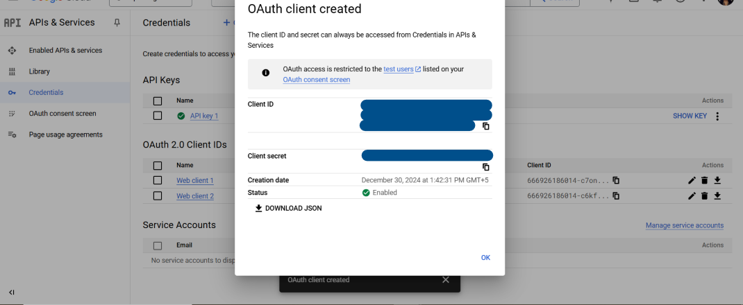 google console oauth client created