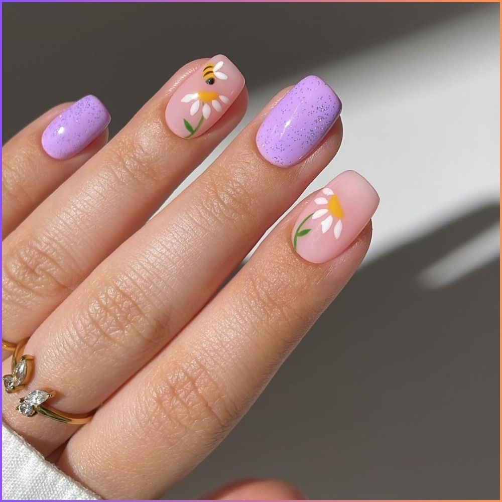 Close up of flowered short nail design with Lavender Love