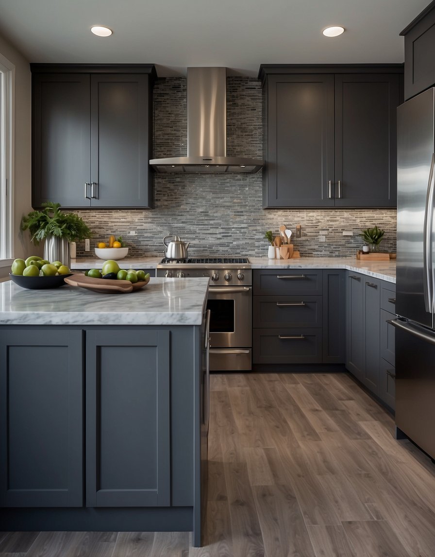 A sleek kitchen with Granite Greatness 32 Dark Gray cabinets, stainless steel appliances, and a marble countertop