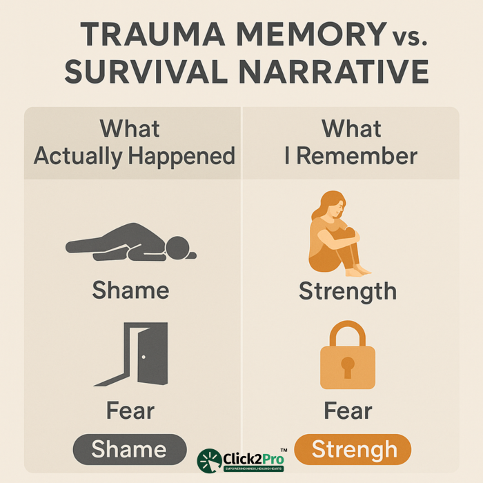 Infographic comparing trauma memory with survival narrative showing fear, shame, and strength