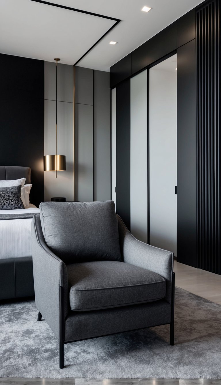 A cinder gray armchair sits in a sleek black and gray bedroom, accented with modern decor and clean lines