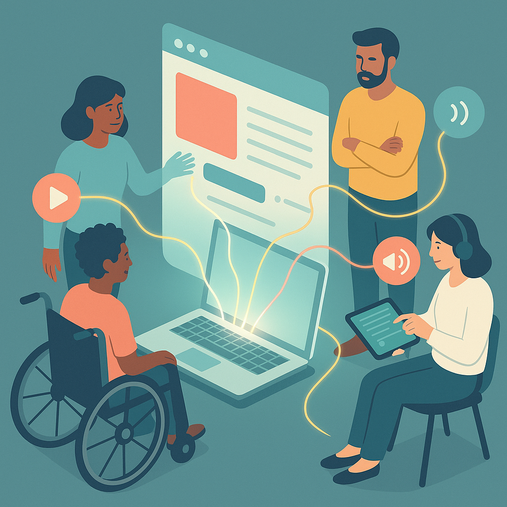 This illustration shows a diverse group of people engaging with digital content on a large screen and laptop. One person uses a wheelchair, another wears headphones and holds a tablet, and visual cues like sound icons and video play buttons highlight various accessible learning formats. The image emphasizes inclusive and accessible digital education.