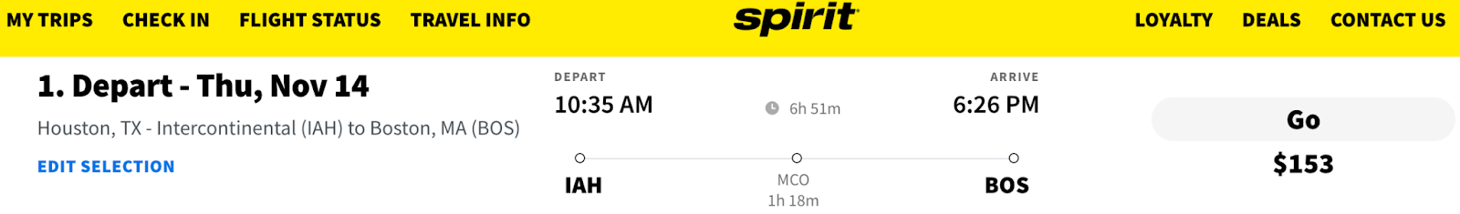 Screenshot of Spirit flight from Houston to Boston for $153