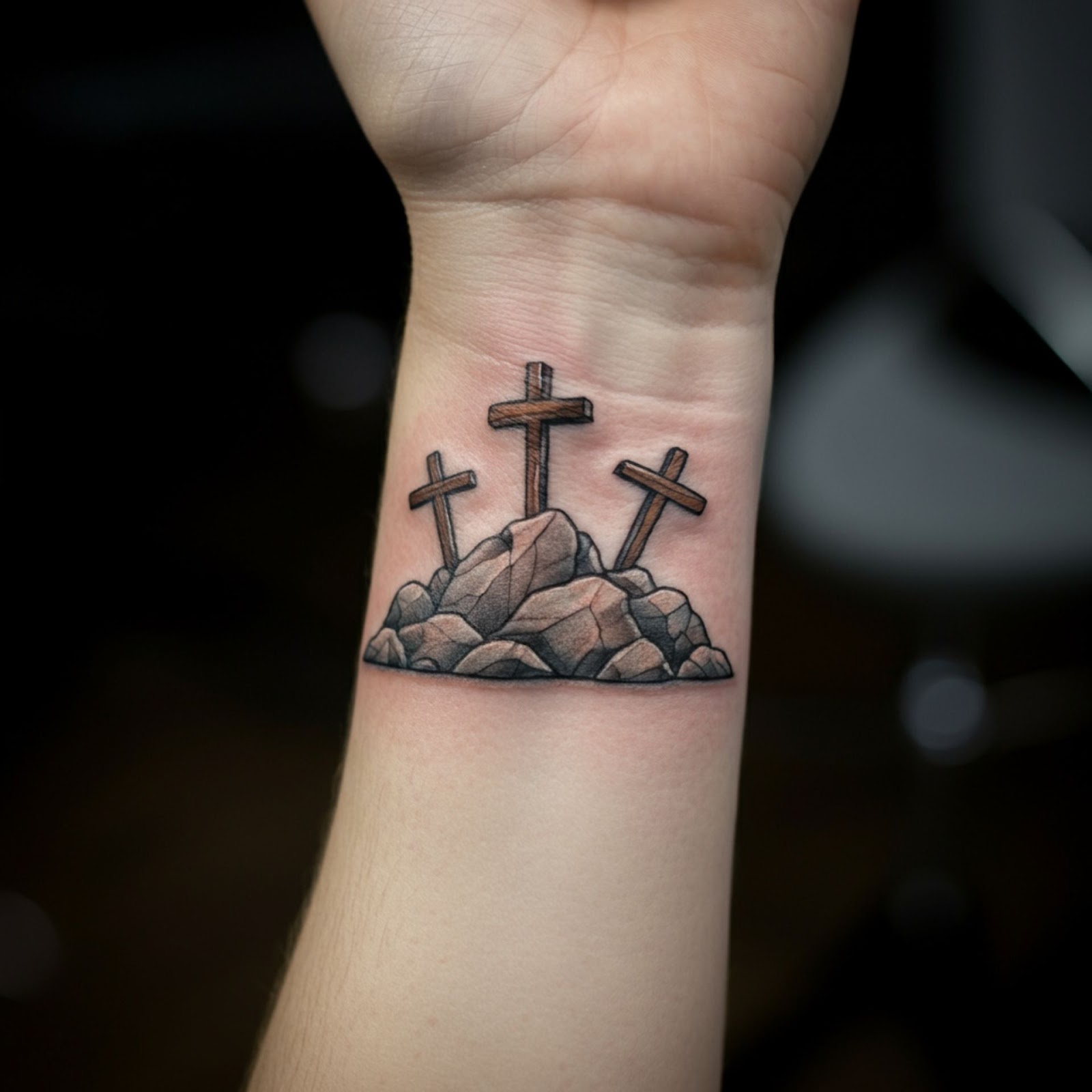 Three Crosses on a Rocky Hill Tattoo