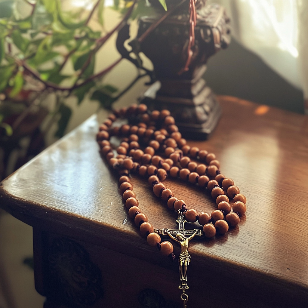 A rosary on a table | Source: Midjourney