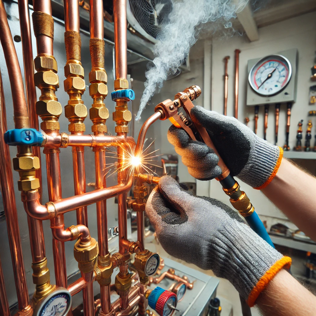 echnician brazing copper refrigerant lines with a torch, wearing gloves and eye protection.