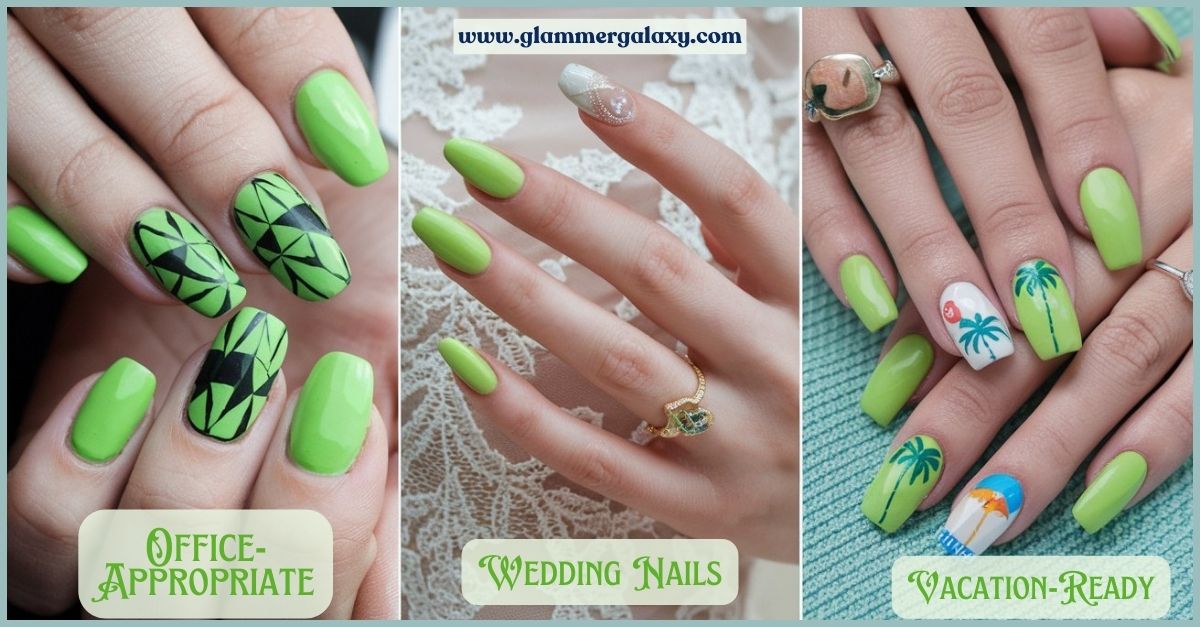 Three sets of hands with lime green nail art for office, wedding, and vacation.