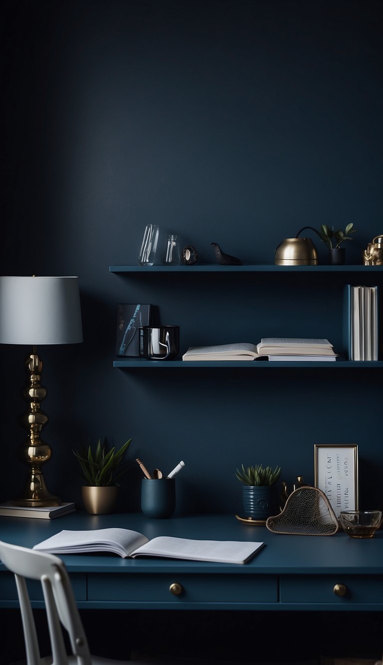 A steel blue desk sits in a dark blue bedroom, surrounded by moody and calming decor