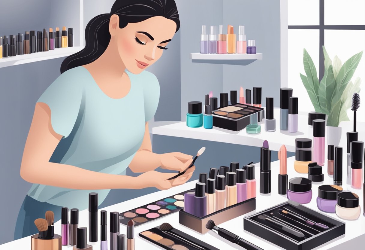 A makeup artist carefully selects and arranges various eyelash-friendly makeup products on a clean, organized countertop in a well-lit studio