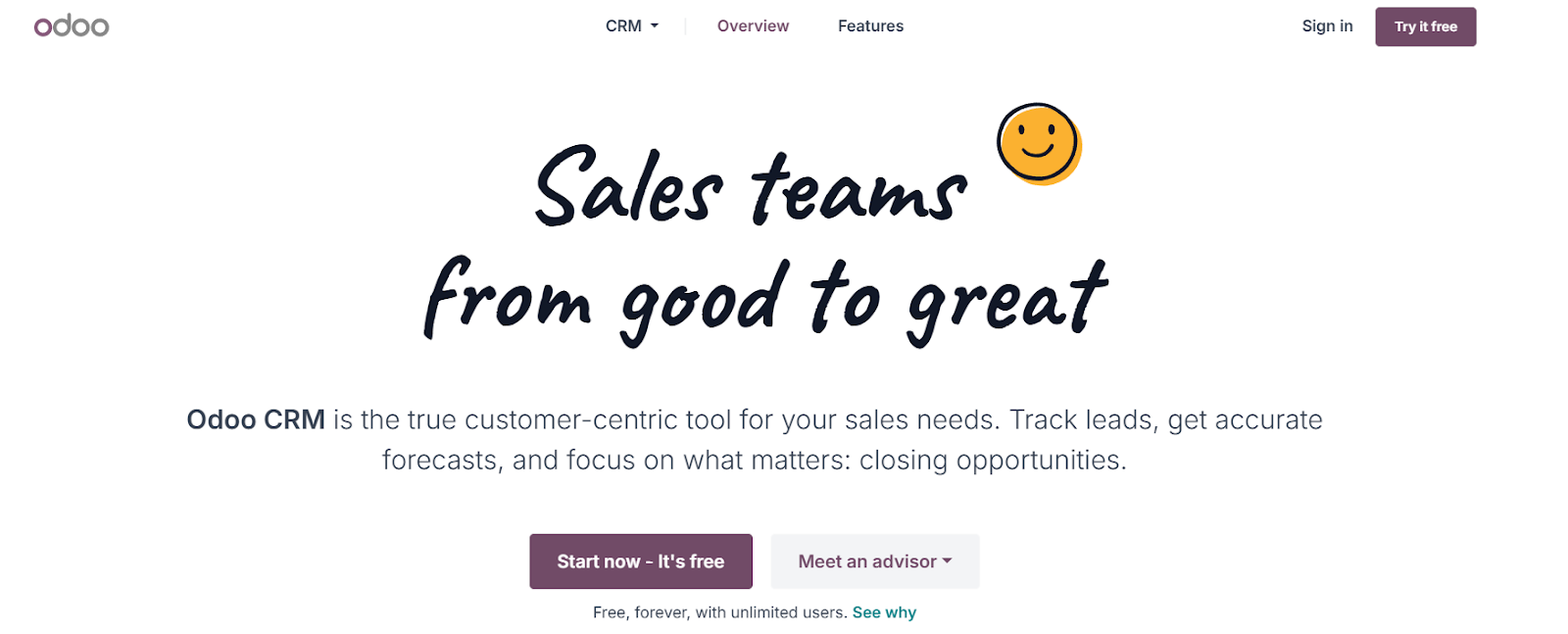 Screenshot of Odoo's open-source CRM software landing page with a 'Start now - It's free' CTA