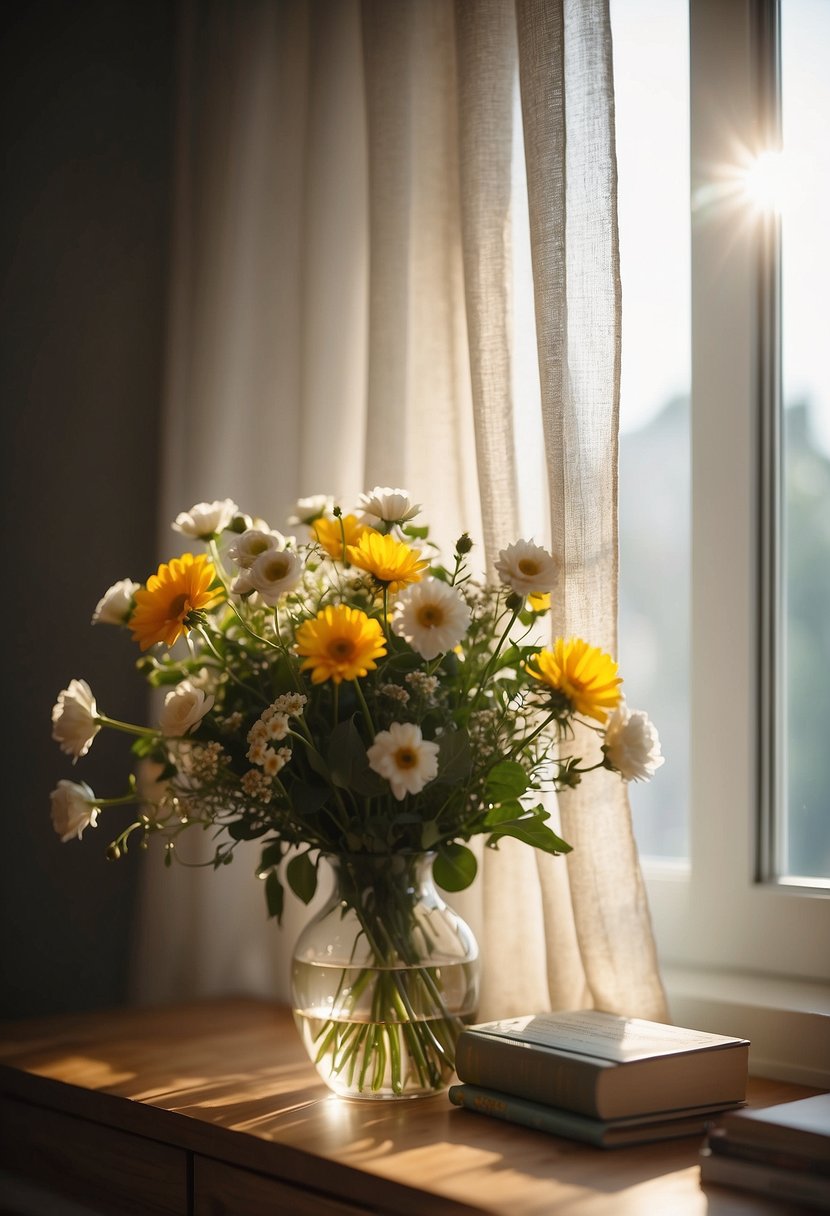 Sunlight filters through layered curtains, casting soft patterns on the cozy bedroom. A vase of fresh flowers sits on the nightstand, adding a pop of color to the serene space