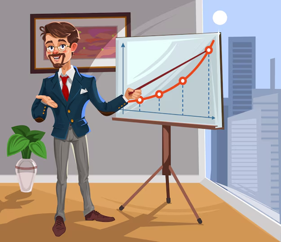 Graphic of a man explaining an upwards trending chart of how reading business article examples can help boost your business's success