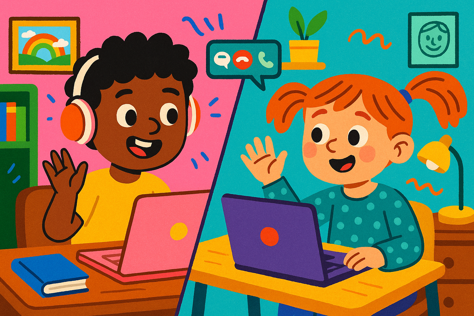 Two colorful animated students collaborating and talking about a project over laptops 