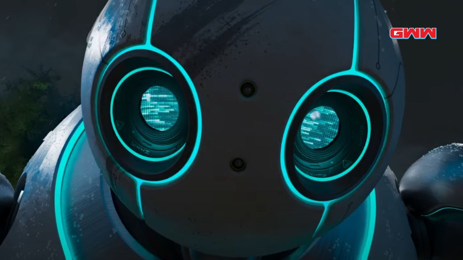 Close-up of a Roz face with glowing, blue eyes.