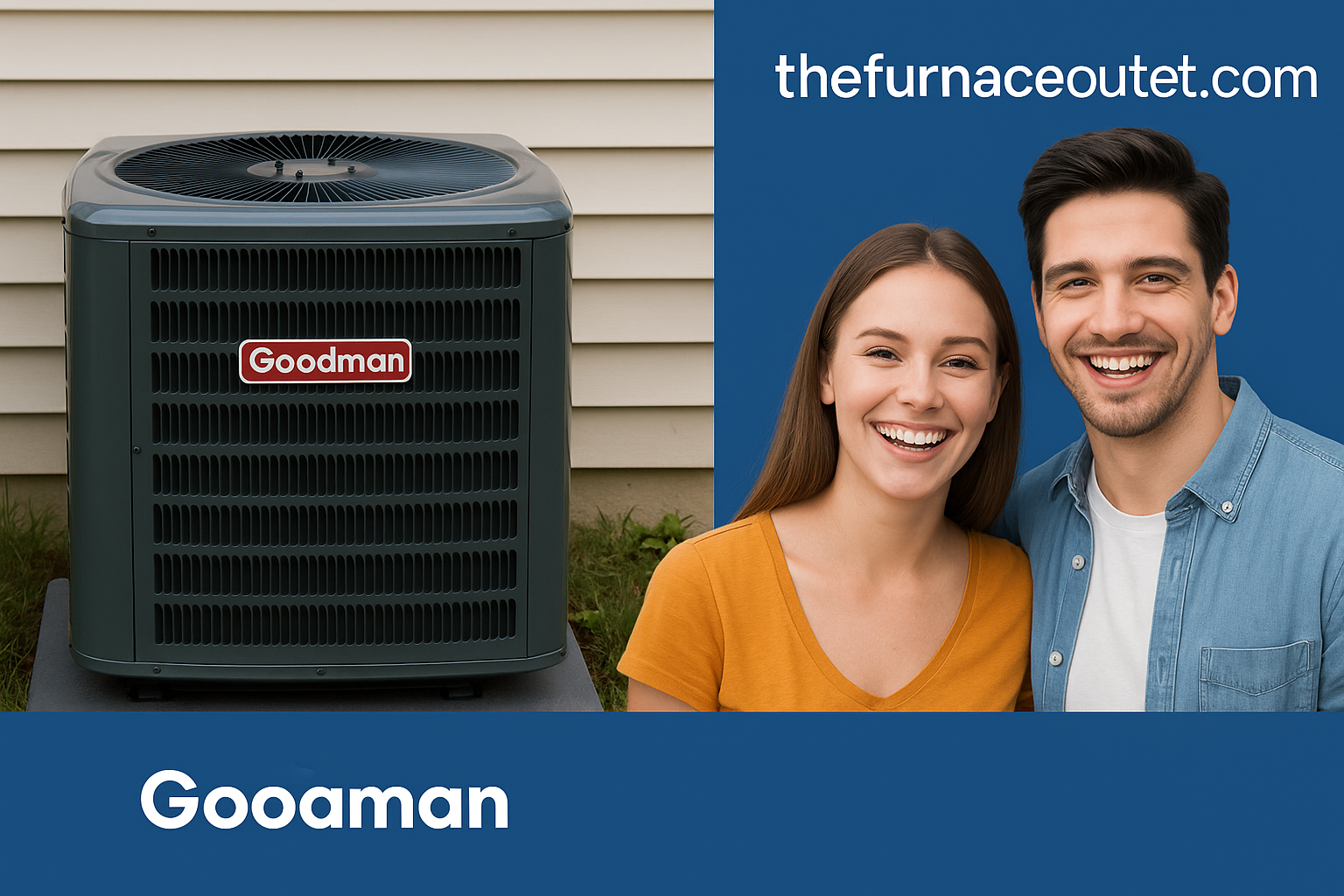 A side-by-side image featuring a Goodman 3-ton air conditioner next to a smiling young couple, representing homeowner satisfaction and real feedback, with The Furnace Outlet branding visible.