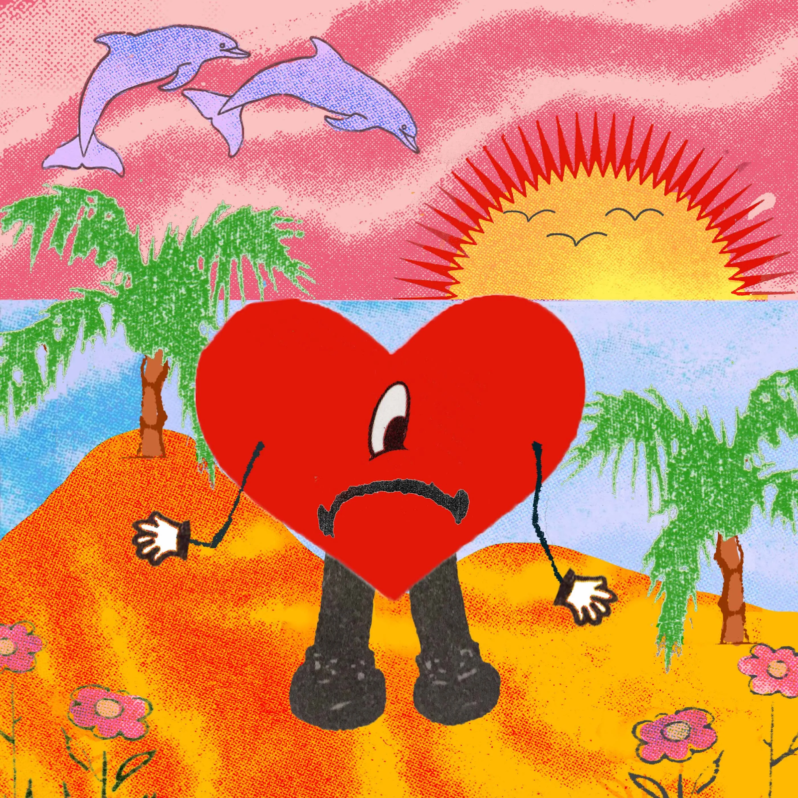 Vibrant album cover of 'Un Verano Sin Ti' by Bad Bunny, featuring a sad red heart, dolphins, and a tropical sunset.