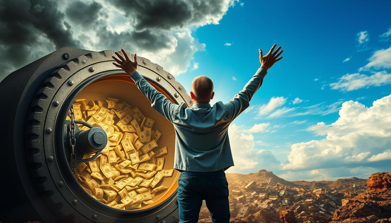 Create an image that portrays a person breaking free from chains and restrictions, with their arms outstretched towards the sky. They are standing in front of a large vault filled with money, which represents abundance and financial freedom. In the background, there is a stormy sky symbolizing the past negative mindset being washed away, and a bright blue sky representing the limitless opportunities of a positive money mindset.