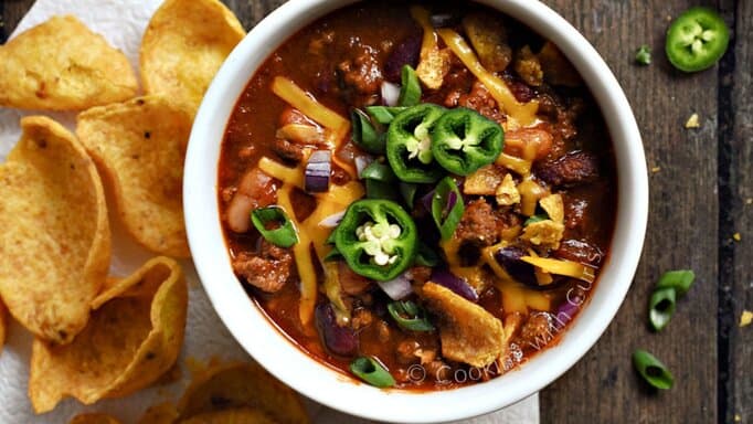 A white bowl of Guinness Beef Chili.