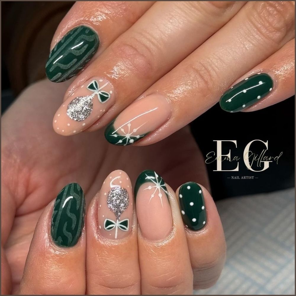 Close up of hands with Christmas Green Nails having  Green Ornament Nails