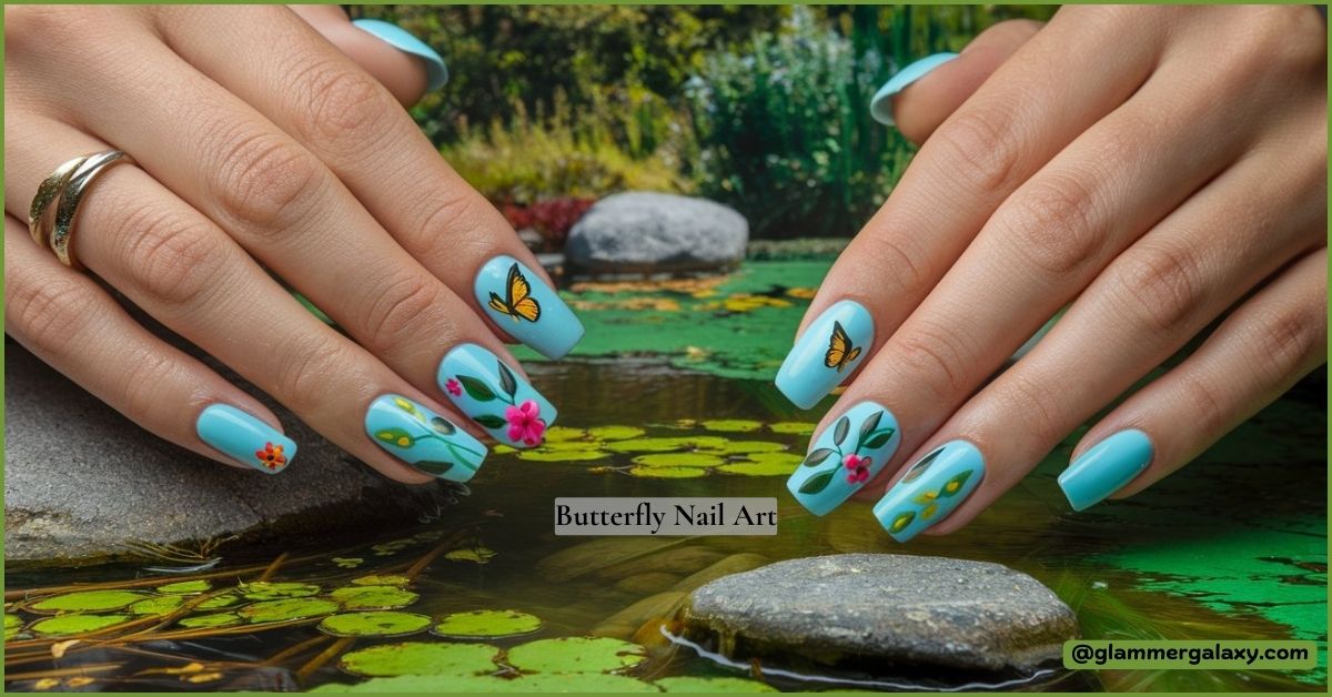 Three different styles of sky blue-themed nail art having Butterfly Nail Art