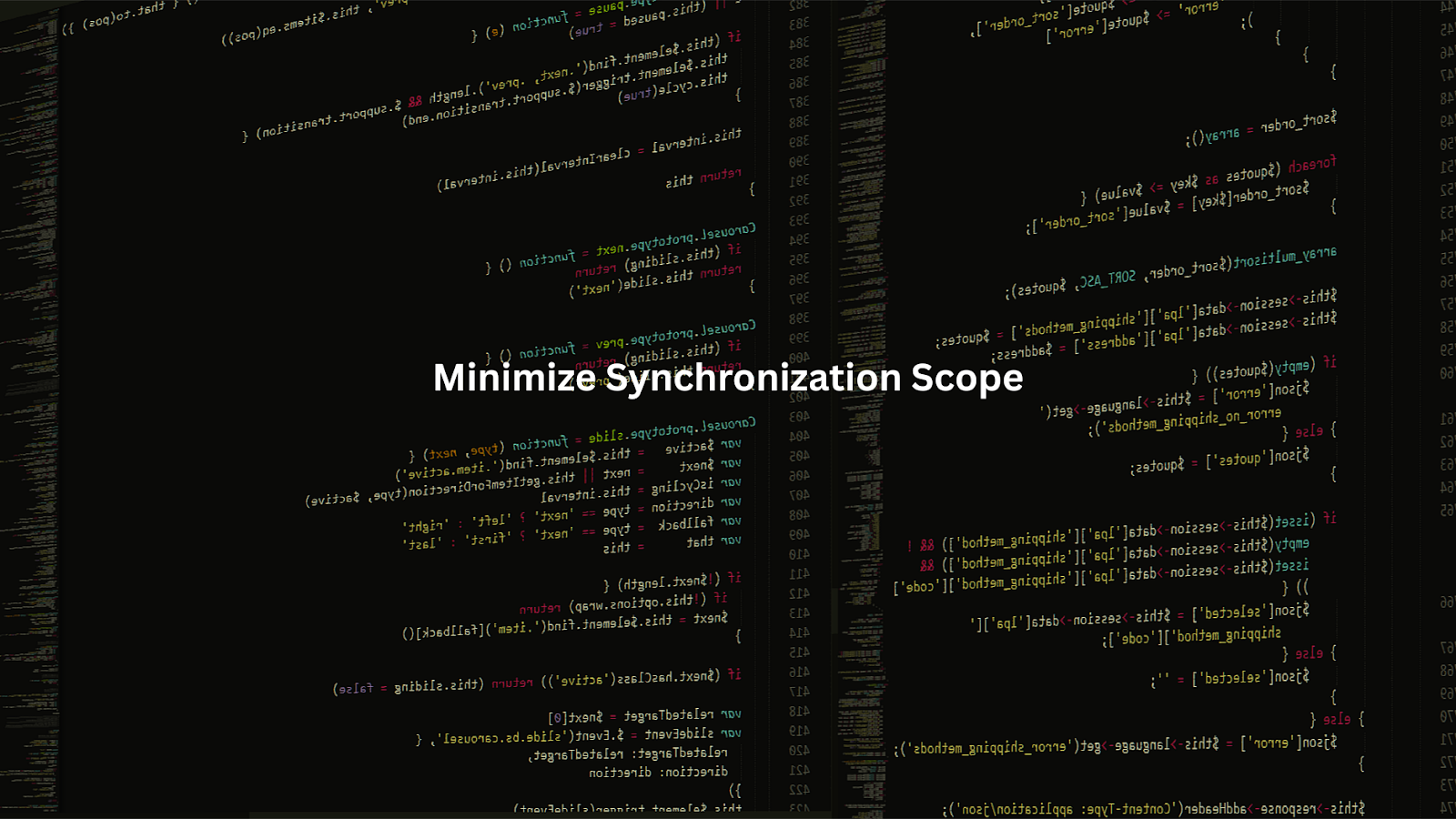 Close-up of a software developer's workspace, focusing on a monitor showing Java code and a section highlighting 'Minimize Synchronization Scope'. 