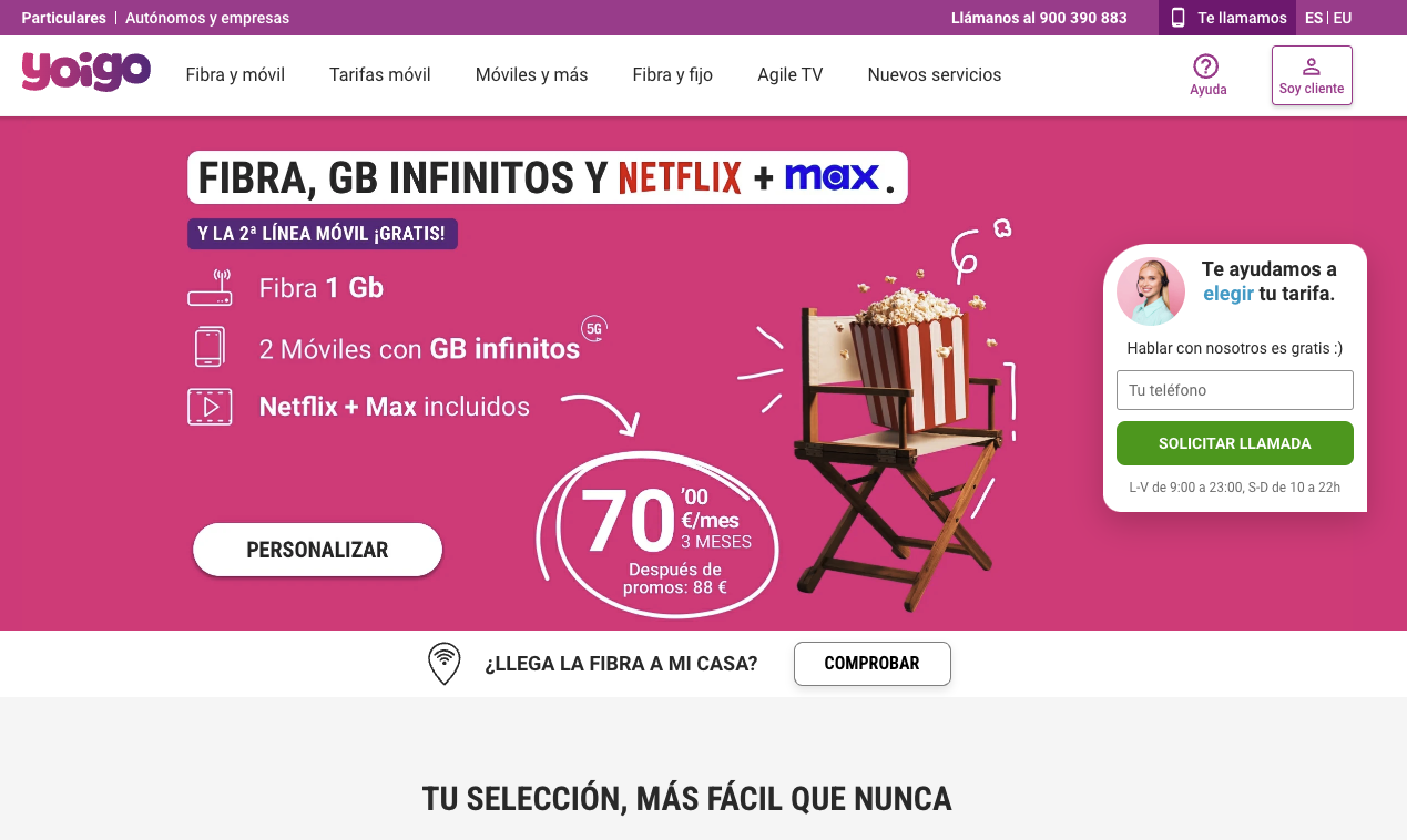 A screenshot of the yoigo homepage in Spain 