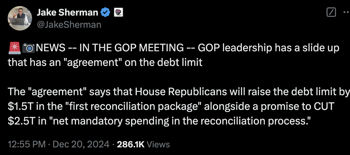 Tweet from Punchbowl reporter Jake Sherman:   🚨📷NEWS -- IN THE GOP MEETING -- GOP leadership has a slide up that has an "agreement" on the debt limit  The "agreement" says that House Republicans will raise the debt limit by $1.5T in the "first reconciliation package" alongside a promise to CUT $2.5T in "net mandatory spending in the reconciliation process."