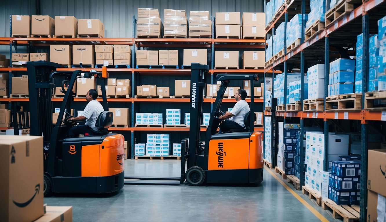 A warehouse scene with various Amazon products being sorted and placed on shelves, while workers use forklifts to move items around