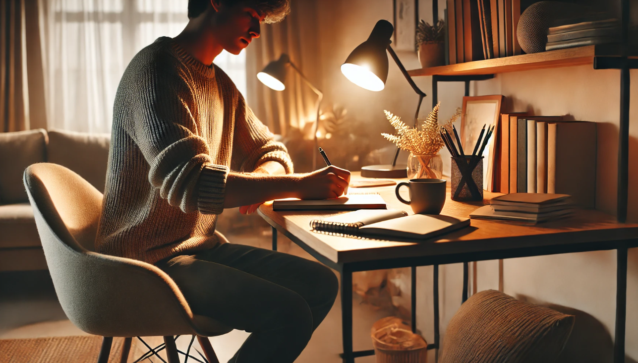 The image shows a young man wearing glasses and a chunky knit sweater, seated at a desk in a warmly lit, cozy room. He is focused on writing in a notebook with a pen, surrounded by a creative and orderly workspace. The desk hosts a lamp, several notebooks, pens, and books, contributing to an organized yet inviting atmosphere. A shelf above the desk displays additional books and decorative items, enhancing the sense of a personal and intimate space dedicated to study or creative writing.