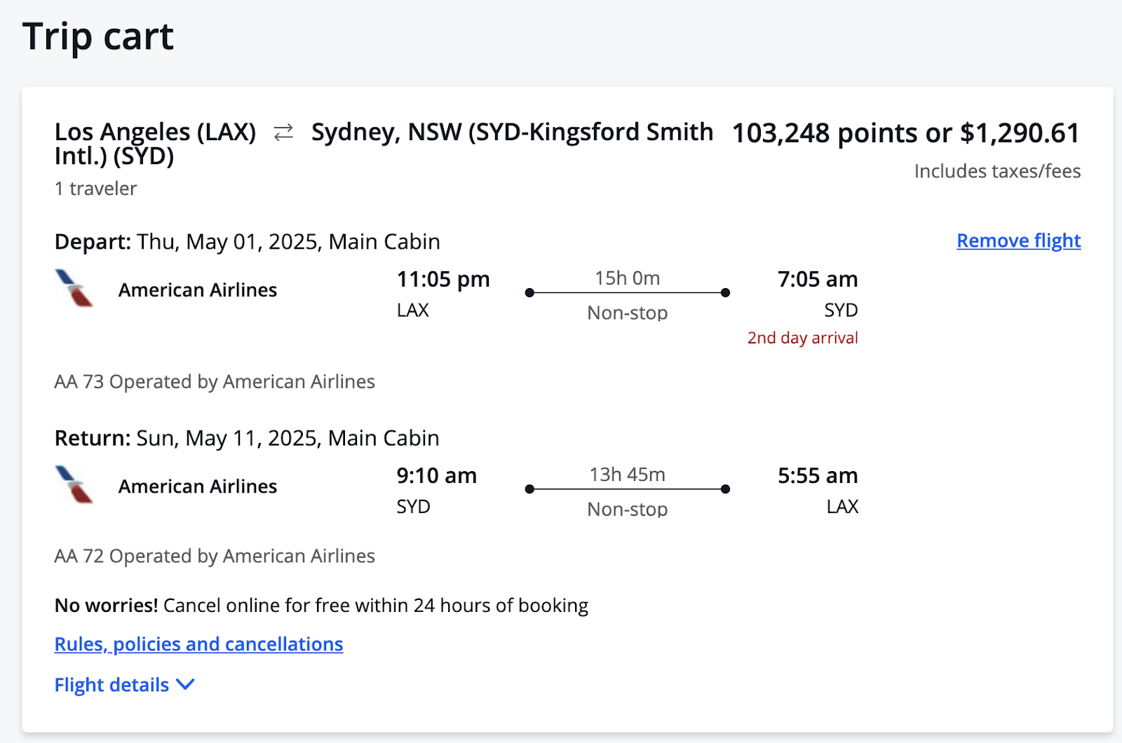 AA flight in the Chase Travel portal