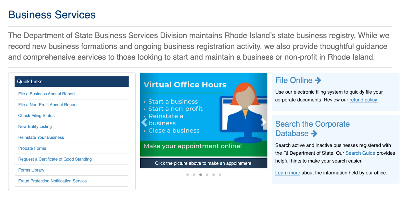 Screenshot of The Rhode Island Department of Business Services website business services page
