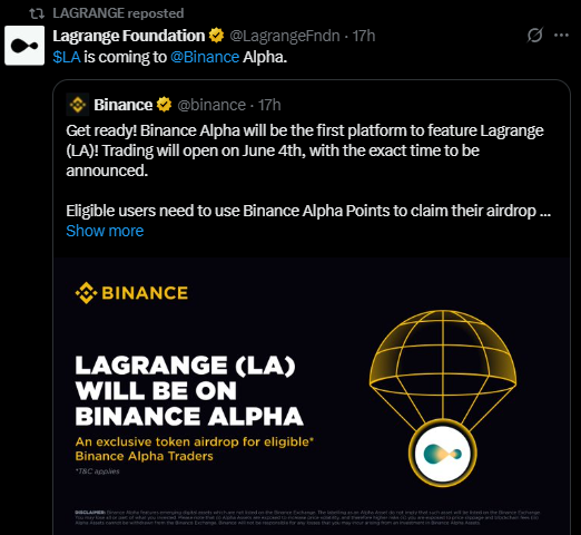 Lagrange Listing On Binance Alpha