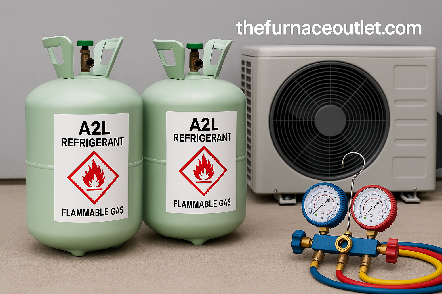 Two light green A2L refrigerant cylinders labeled “Flammable Gas” sit next to a white HVAC outdoor unit and a color-coded manifold gauge set, all displayed with TheFurnaceOutlet.com branding.