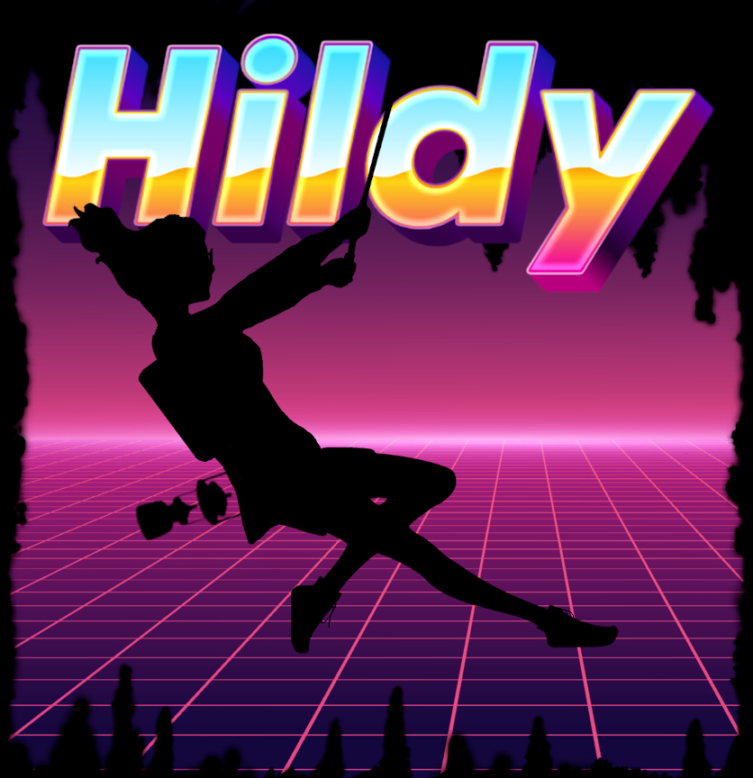 Silhouette of a woman swings on a rope over a grid of neon-pink and purple tiles.