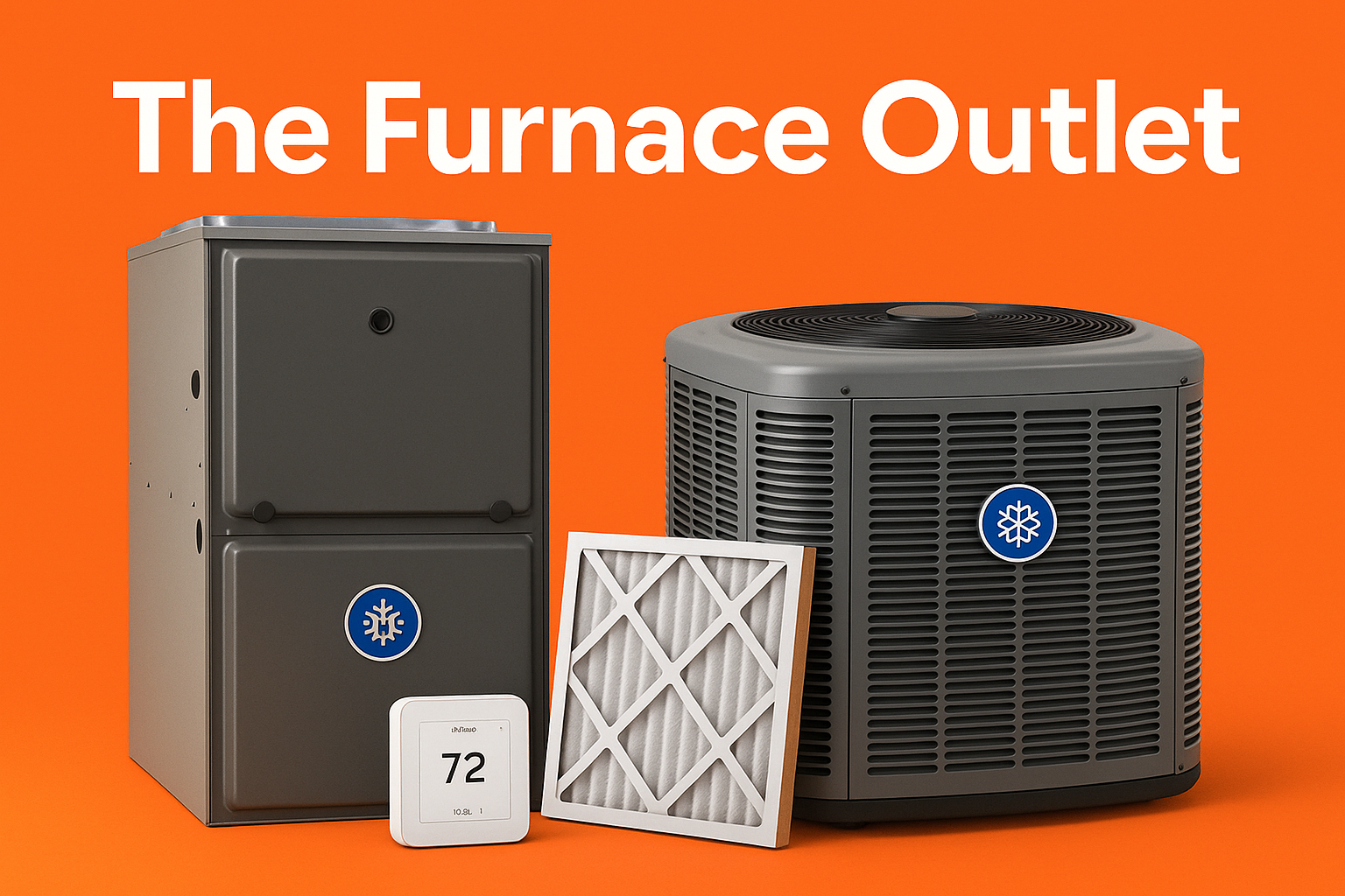 A high-resolution digital photograph showcases HVAC products including a modern gray gas furnace, a central air conditioning condenser, a white smart thermostat displaying 72°F, and a pleated air filter, all set against a bright orange background with "The Furnace Outlet" logo at the top.