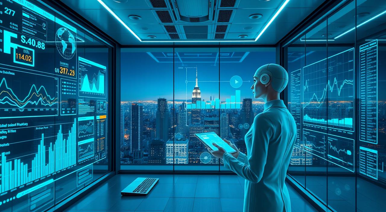 A futuristic financial analysis room with holographic data displays, glowing charts, and a virtual assistant analyzing complex graphs. The environment is sleek and modern, with glass walls overlooking a city skyline, emphasizing the integration of AI technology in finance. Soft blue and green lighting creates a high-tech ambiance.