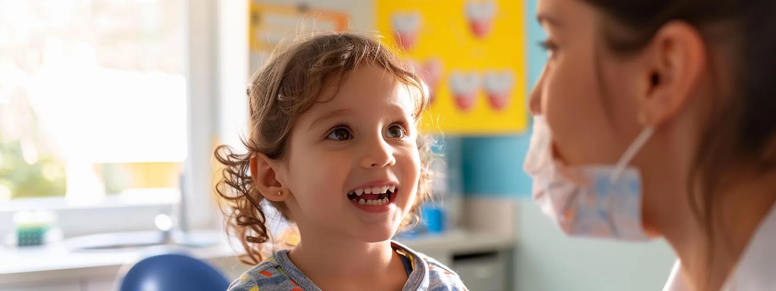 a concerned parent examines their toddler's dental development in a brightly lit pediatric dental office, with a focus on a cheerful wall chart illustrating healthy tooth growth and the effects of vitamin d deficiency.