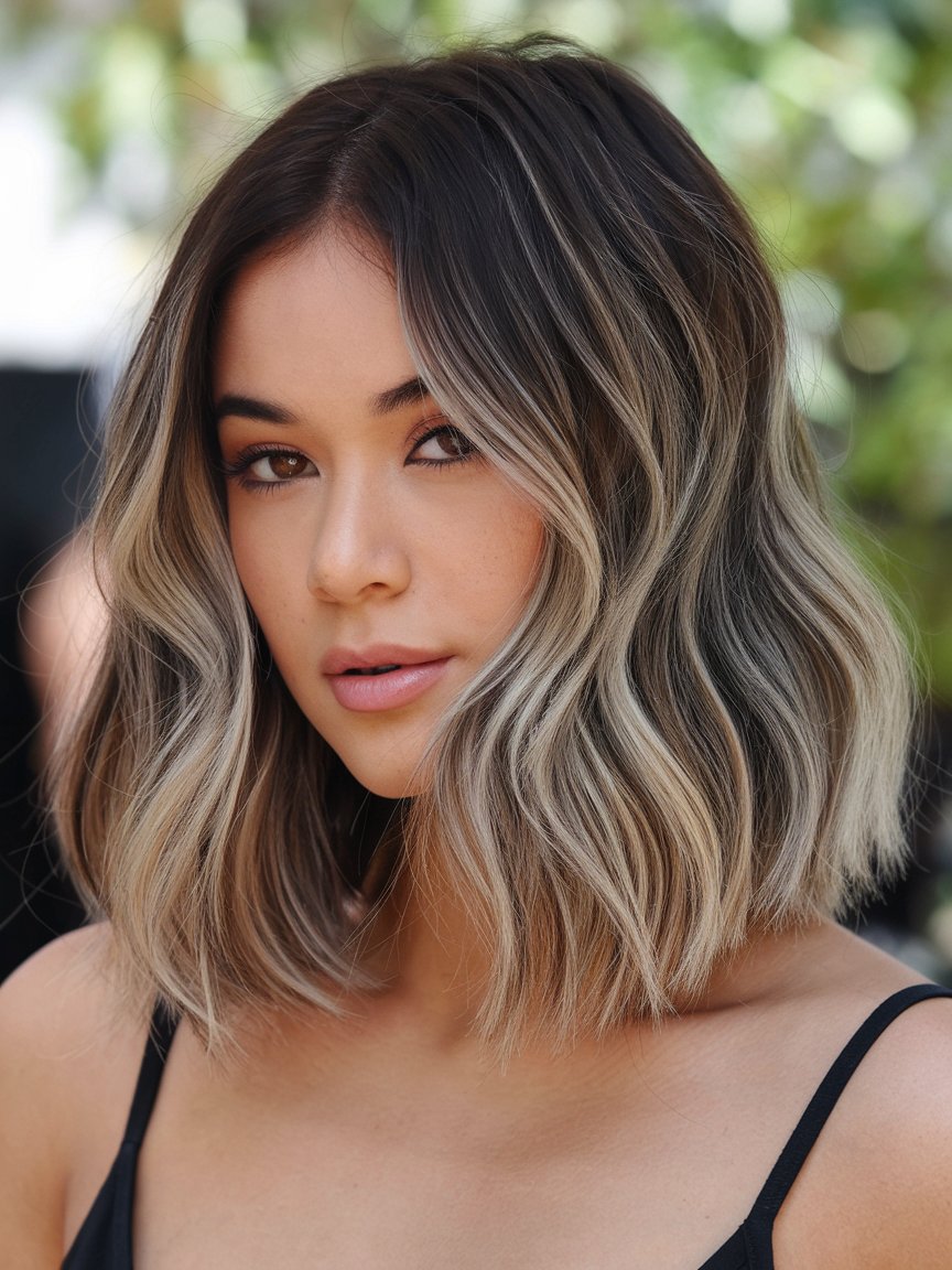 80. Wavy Mid-Length Bob with Balayage Highlights