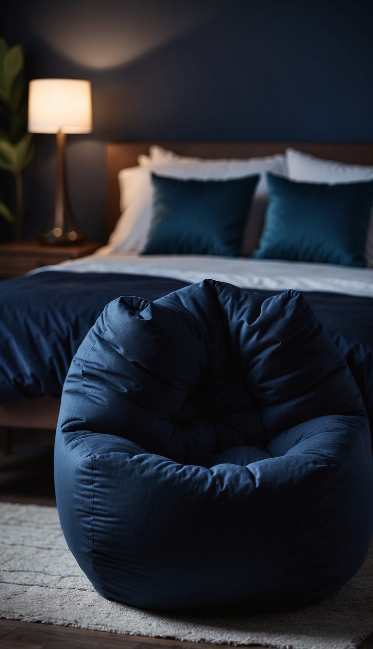 A midnight blue bean bag sits in a dimly lit bedroom, surrounded by dark blue decor and furniture