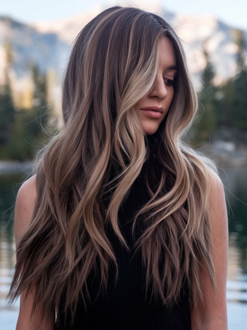 32. Midnight Brown with Beige Blonde Highlights