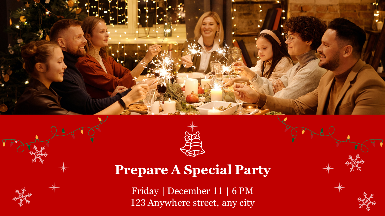 Festive dinner scene with family holding sparklers, candles on the table, and a red invitation banner for a special Christmas party.