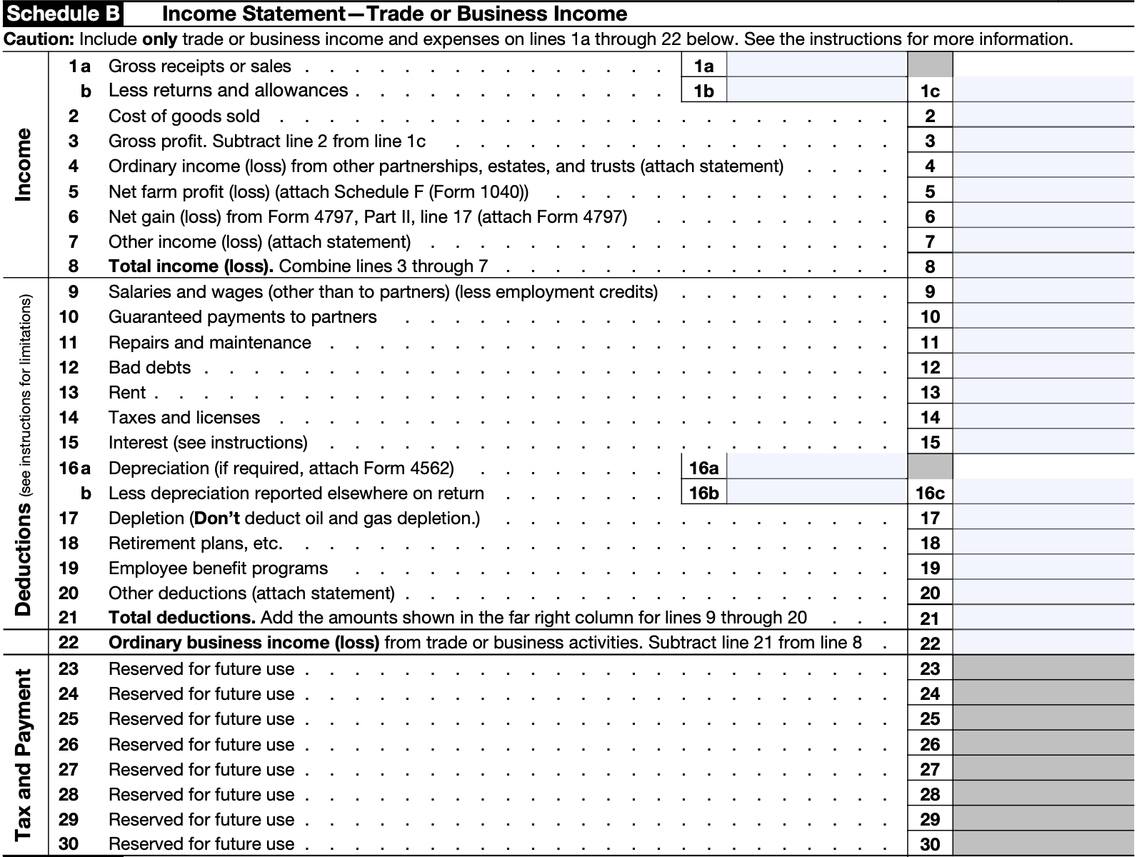 A screenshot of Schedule B: Income Statement — Trade or Business Income on Form 8865.