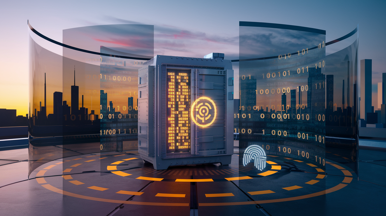 Create a realistic image of a futuristic digital vault with glowing binary code and blockchain patterns floating around it, surrounded by semi-transparent shields representing privacy layers, with a biometric scanner and a quantum encryption device visible in the foreground, all set against a backdrop of a stylized cityscape at dawn, conveying a sense of advanced security and technological progress.