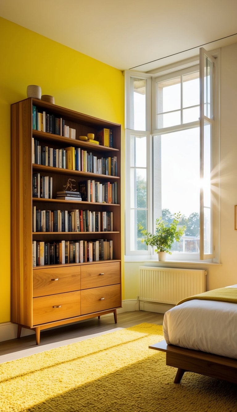 A bright yellow bedroom with a sleek Acacia bookcase filled with books and decorative items. Sunshine streams in through the window, casting a warm glow over the room