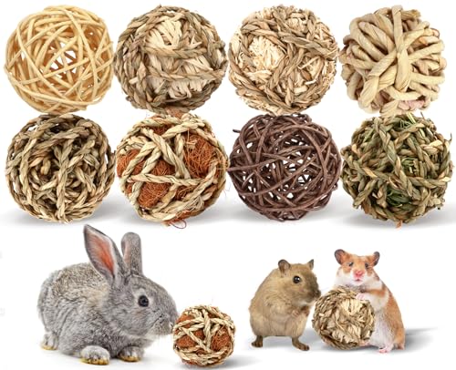 VESPRO Bunny Chew Grass Balls, (8 Pcs) Rolling Chew Toys for Small Animals, Natural Chew Grass Toys and Bunny Treats for Rabbits, Guinea Pigs, Chinchillas, Hamsters, Mice Teeth Grinding