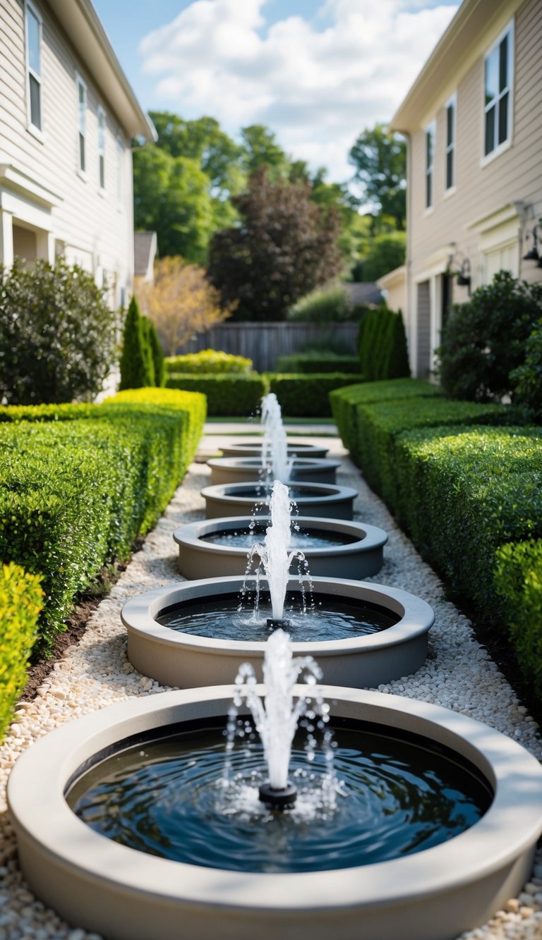 A row of outdoor water fountains nestled between two houses, surrounded by lush privacy landscaping