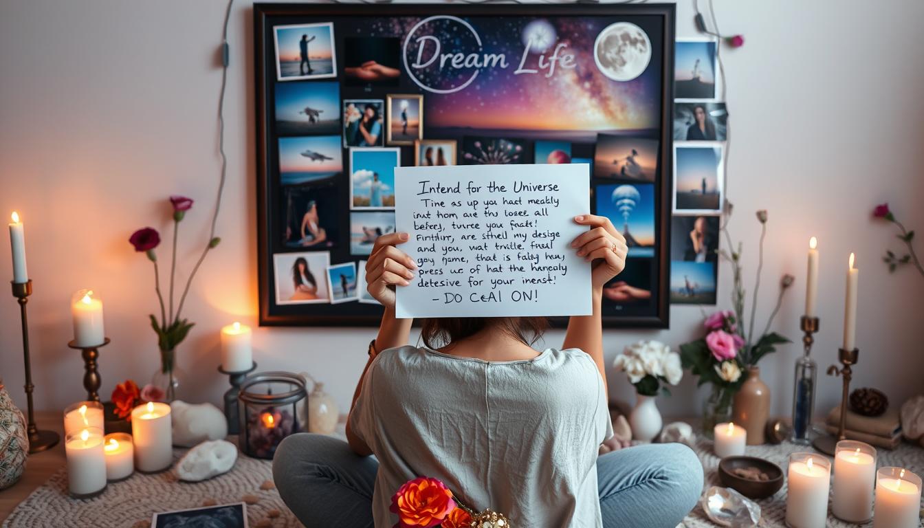 A person sitting in front of a vision board filled with images of their dream life. They are holding a piece of paper with their written intentions for the universe to receive. Surrounding them are candles, crystals, flowers, and other symbolic objects that amplify their manifestation rituals. The room is filled with a warm glow from the candlelight and a sense of peaceful energy.