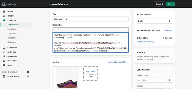 Shopify’s content editor and the Flockler embed code in description field.