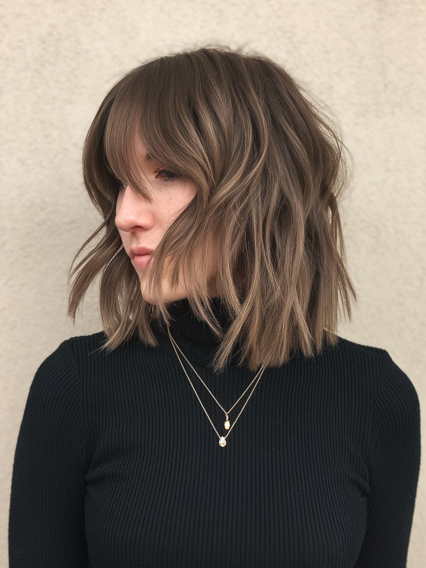 55. Chin Length Layered Bob with Side Swept Bangs