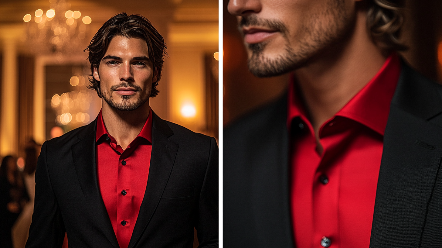 A split-screen image: On the left, a man in a black suit with a bold red shirt, exuding confidence and energy. The background is a lively party or social event with vibrant lighting that matches the boldness of the red shirt. On the right, a close-up of the red shirt’s rich fabric, with smooth folds and a perfectly tucked collar under the black suit. Bold lighting, ultra-detailed, 8K resolution.